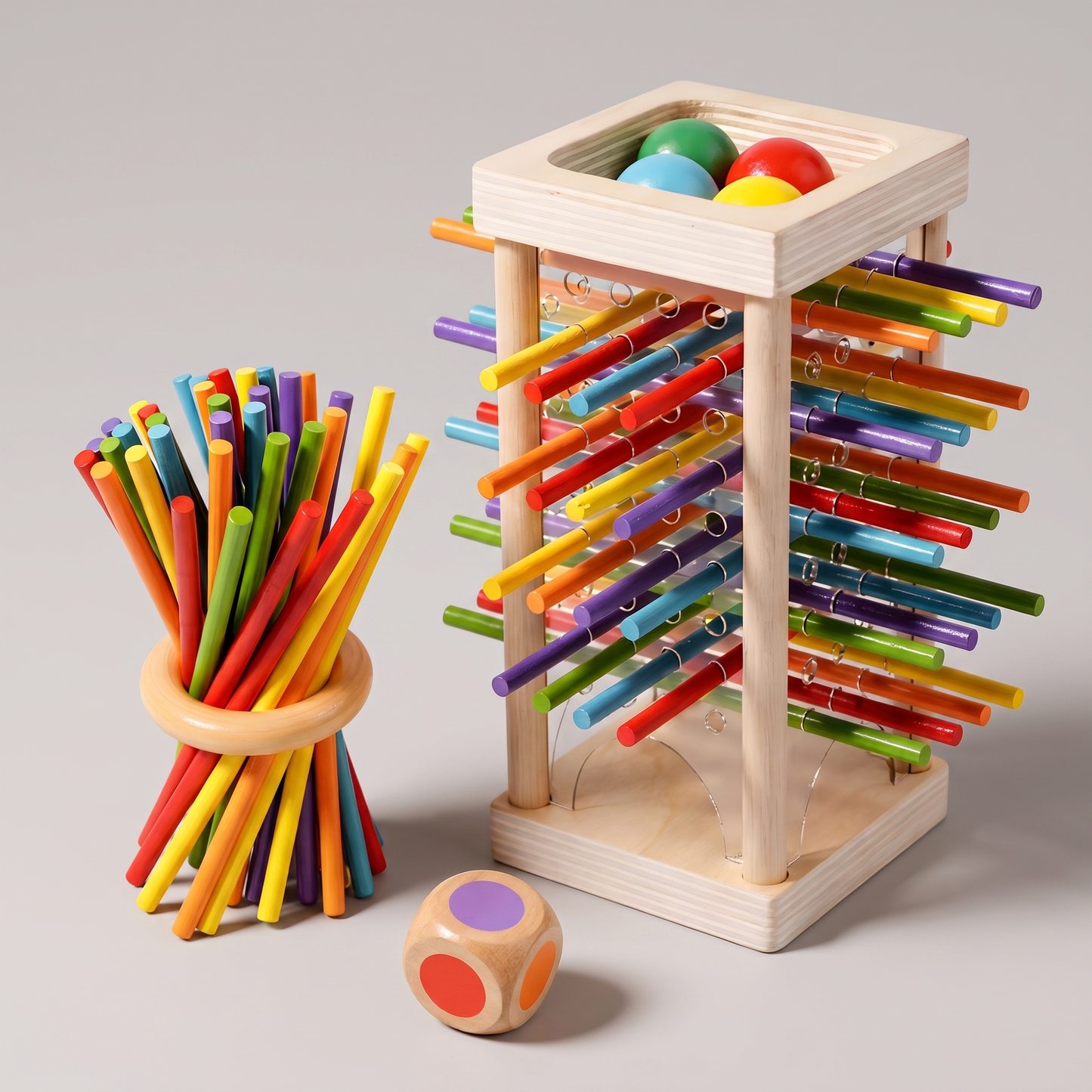 Wooden stacking peg tower angled view
