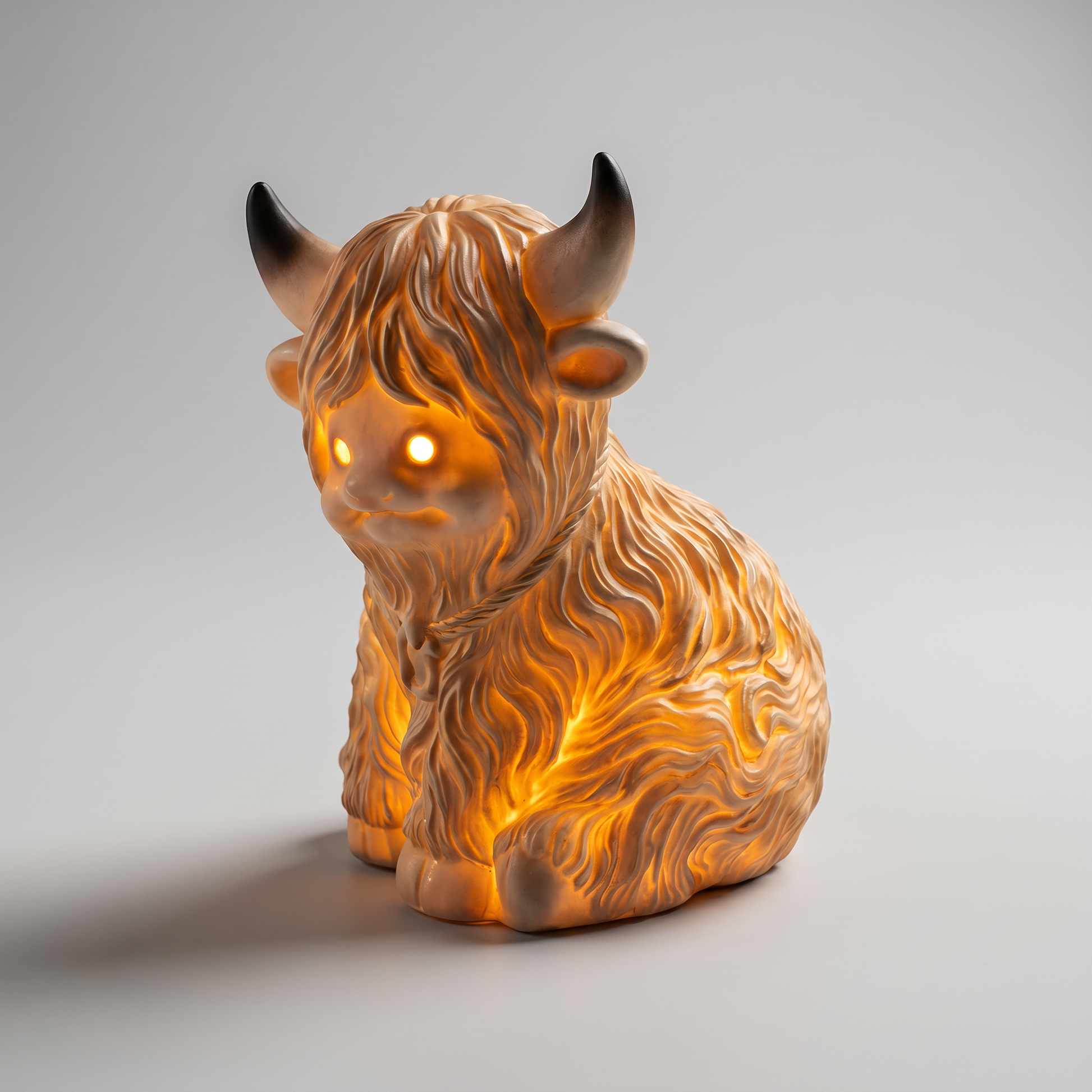 Highland cow night light angled view