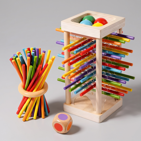 Wooden stacking peg tower front view