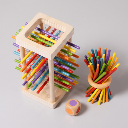 Wooden stacking peg tower top view